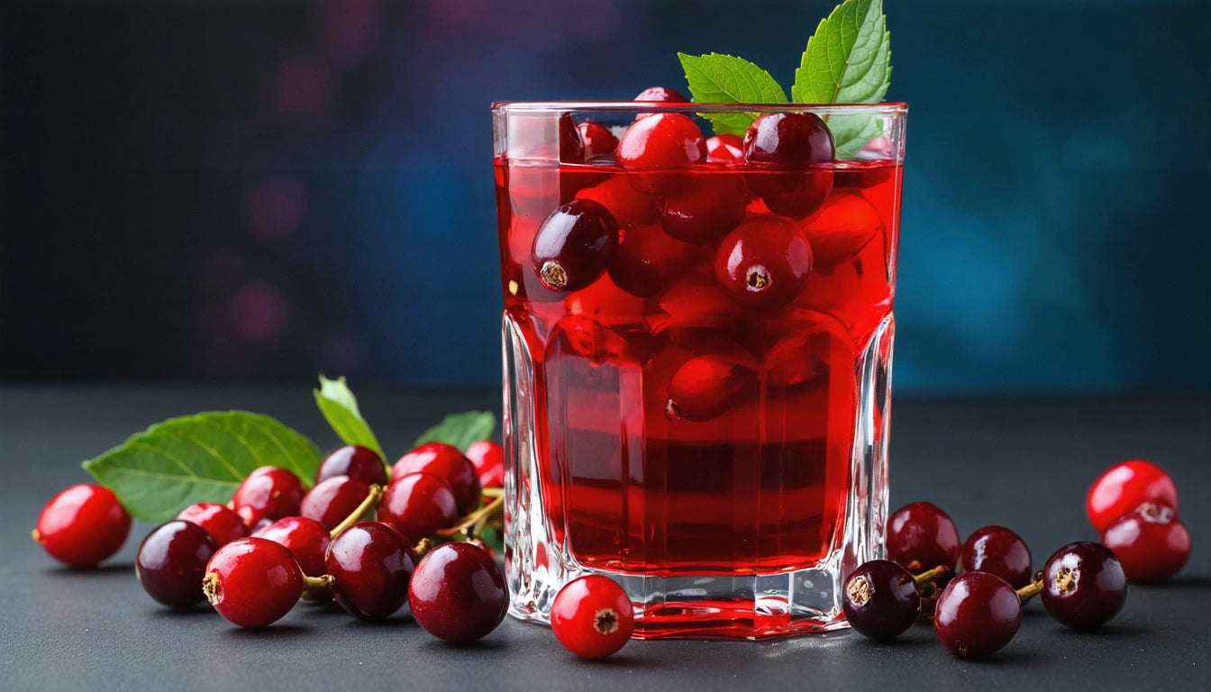 Glass of red liquid with cranberries and mint leaves, surrounded by scattered cranberries on a dark surface