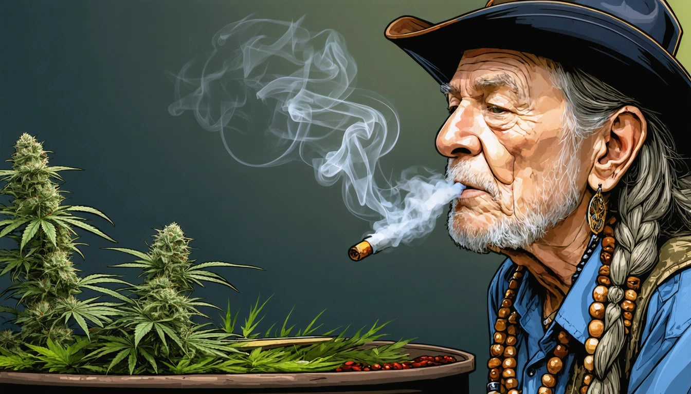 Elderly man with long hair and hat smoking a cigar, smoke swirling, next to a large potted plant with green leaves