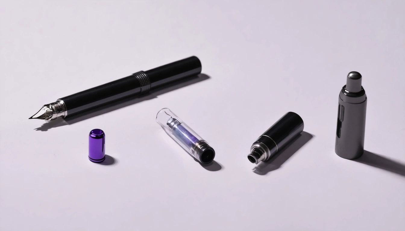 Black fountain pen disassembled, with cap, nib, and ink cartridge on white surface; purple cap nearby