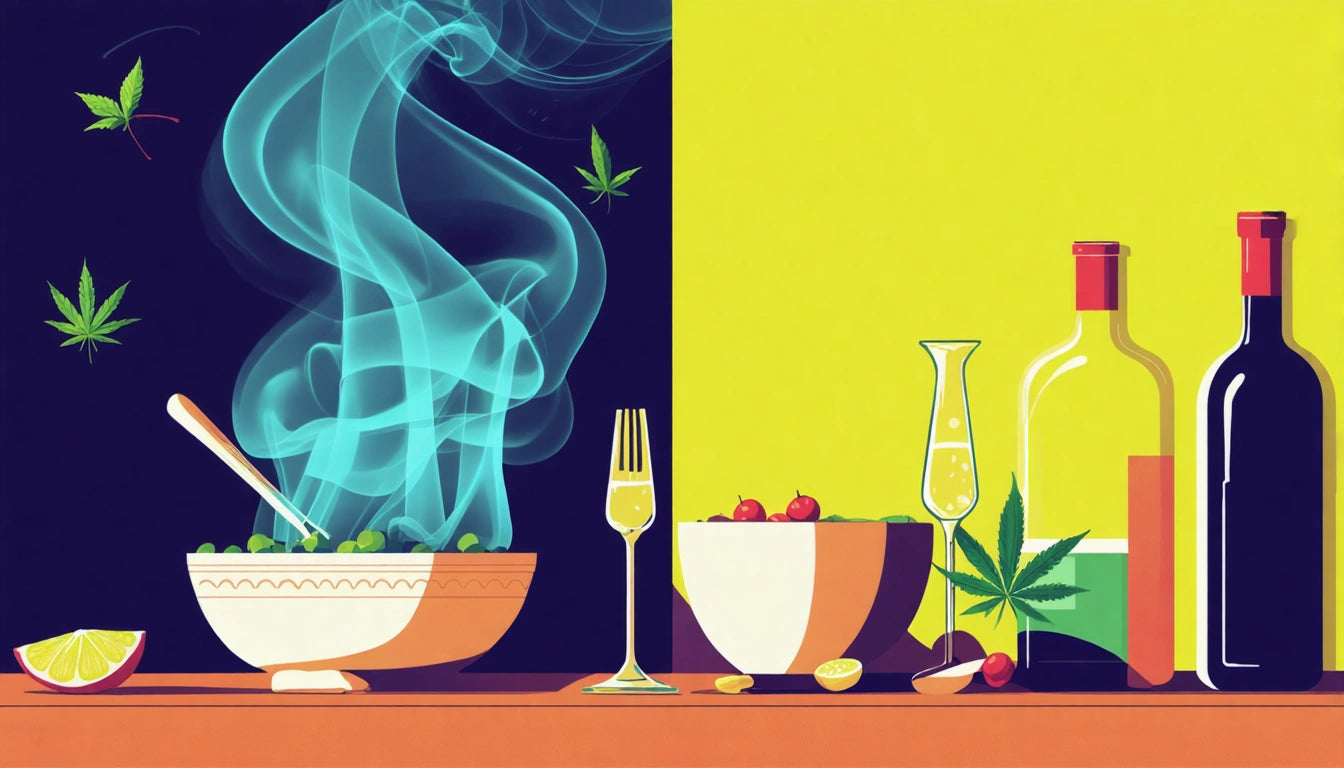 Bowls with blue smoke, wine glasses, bottles, and fruit on a split yellow and black background with leaf motifs