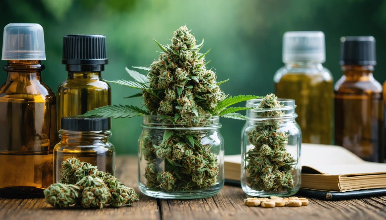 Jars filled with green buds on wooden table, surrounded by amber bottles and an open book, blurred greenery in background