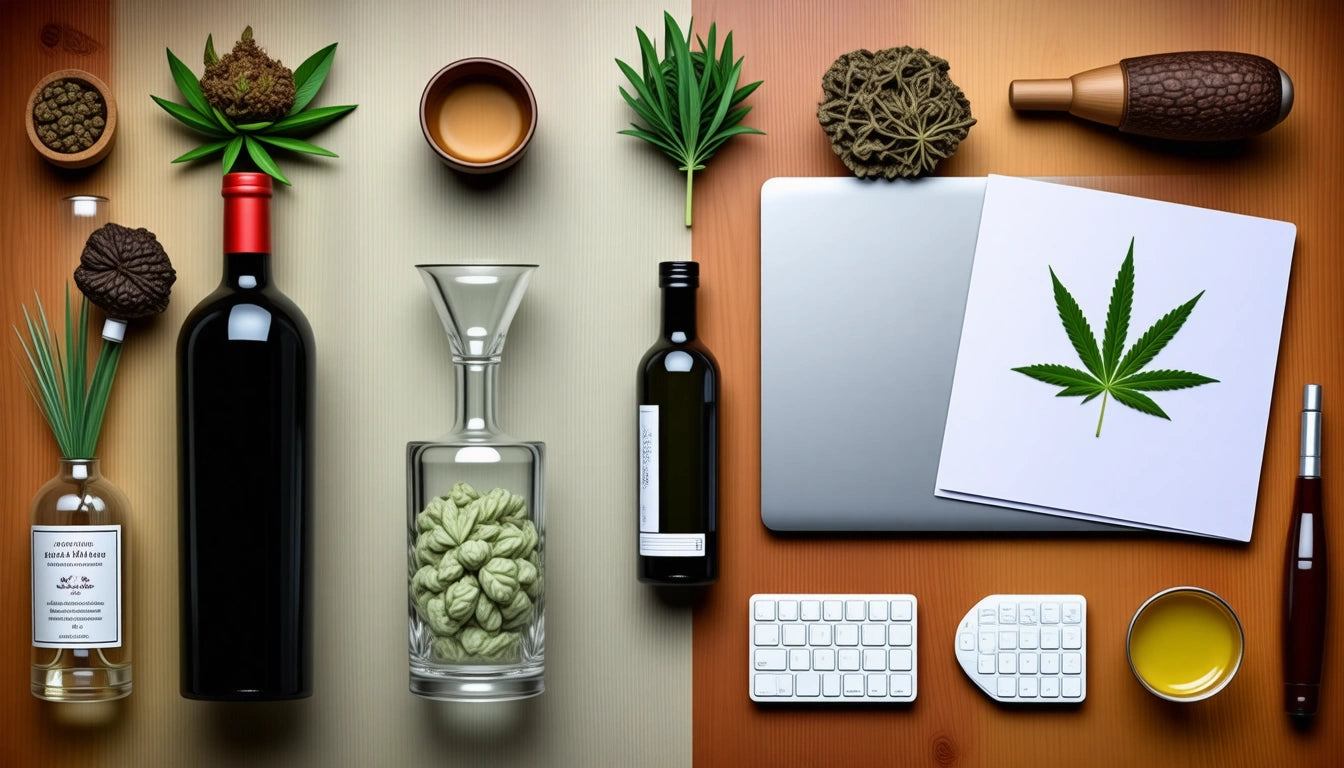 Two wine bottles, glass decanter, and leaves on left; laptop, keyboard, and cannabis leaf paper on right, wooden surface