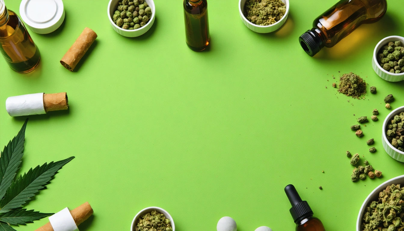 Bottles, bowls of herbs, rolled items, and a cannabis leaf arranged on a green surface