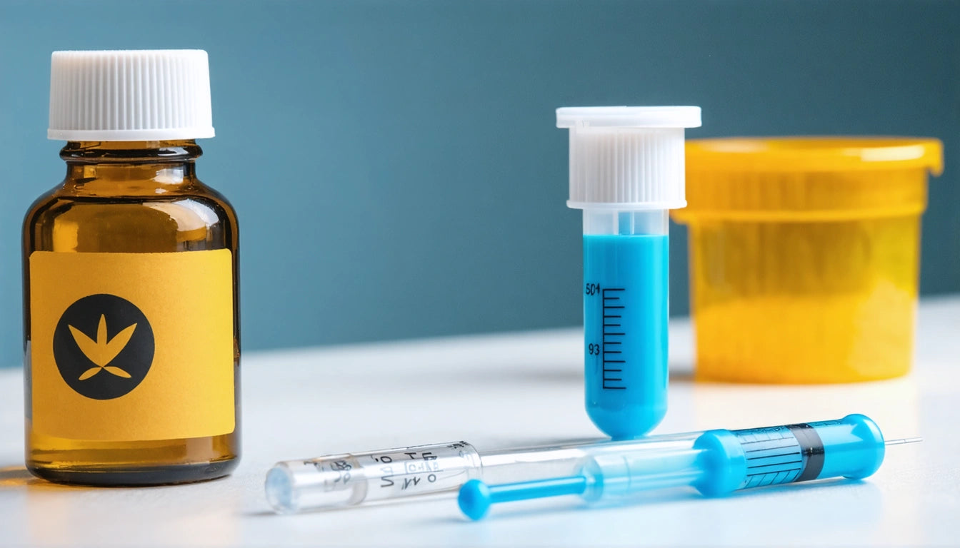 Brown bottle with yellow label, blue liquid in syringe and vial, yellow container in background on white surface