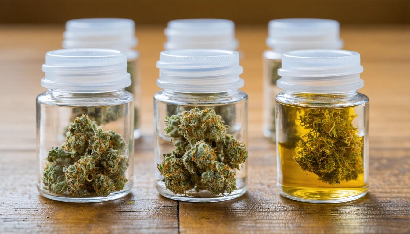 Six small glass jars on a wooden surface, three with green plant buds, three with yellow liquid