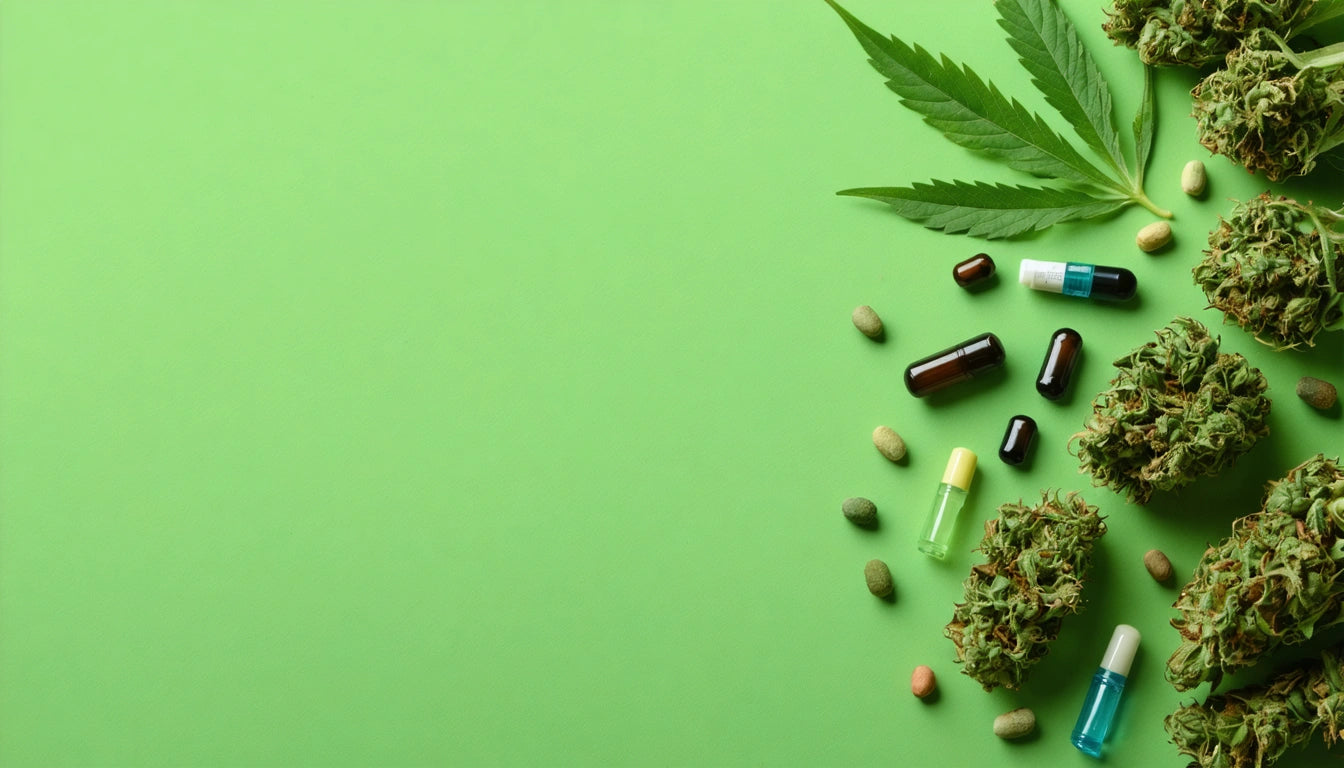 Green background with cannabis leaves, buds, capsules, and small bottles scattered on the right side