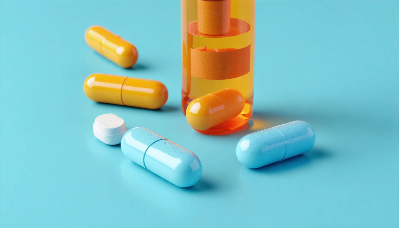 Orange and blue capsules, white tablet, and amber pill bottle on light blue surface
