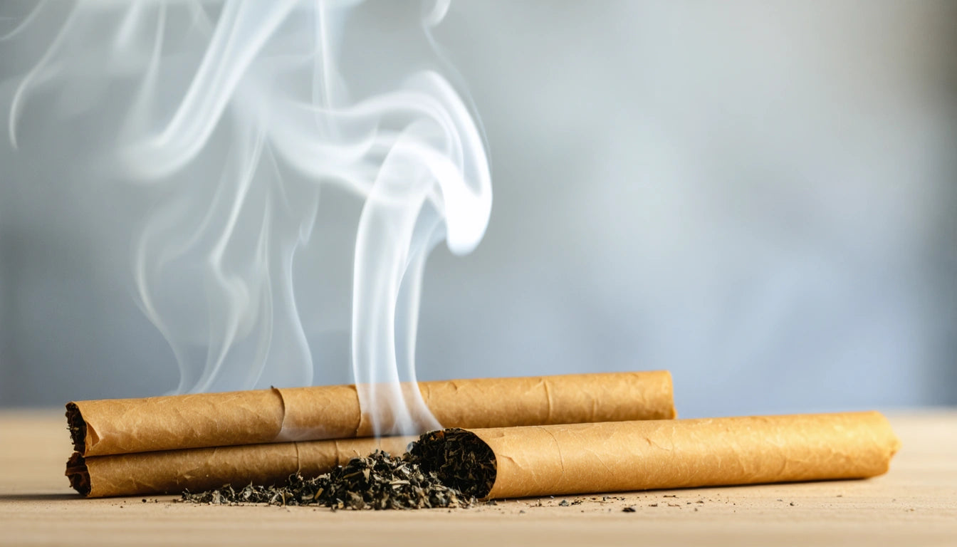 Two rolled cigars on a wooden surface with smoke rising from one, surrounded by loose tobacco
