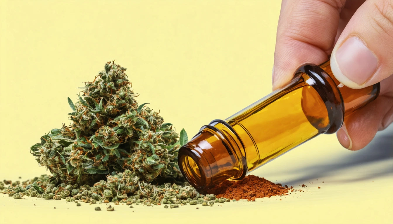 Hand holding amber glass vial near pile of green buds and scattered brown powder on a light yellow background