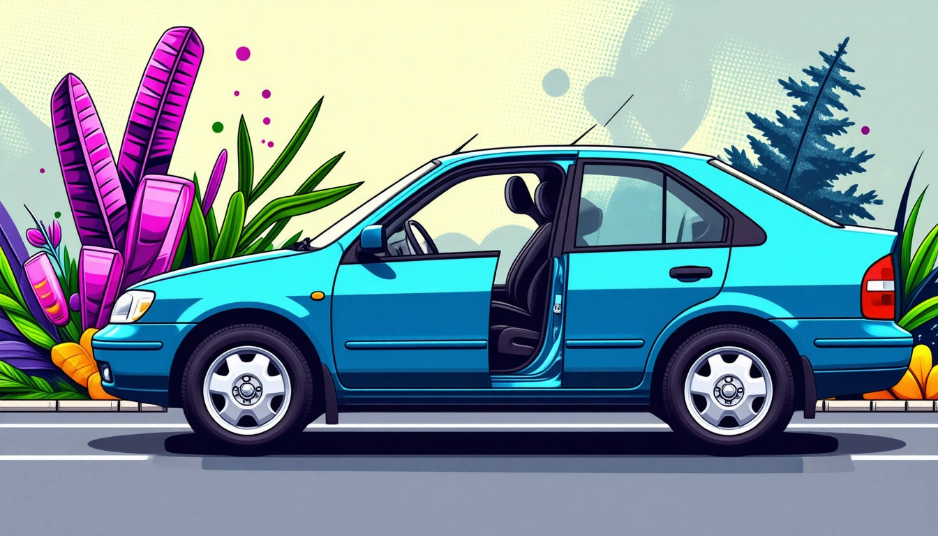 Blue car with open door parked on road, surrounded by colorful abstract plants and shapes, with a light background