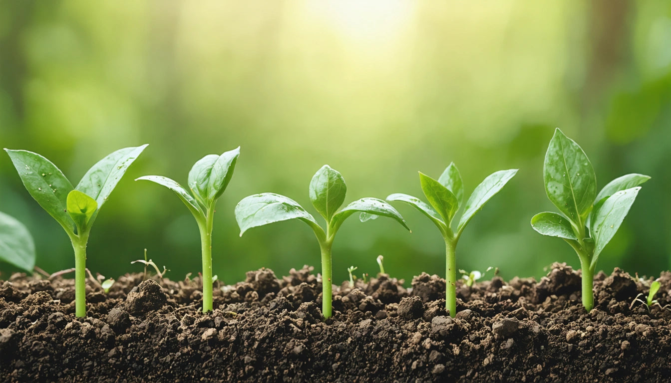 Five small green seedlings sprouting from dark soil, with a blurred green background