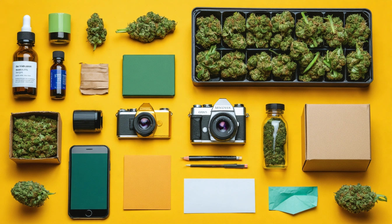 Cameras, smartphone, cannabis buds, bottles, and stationery arranged on yellow background