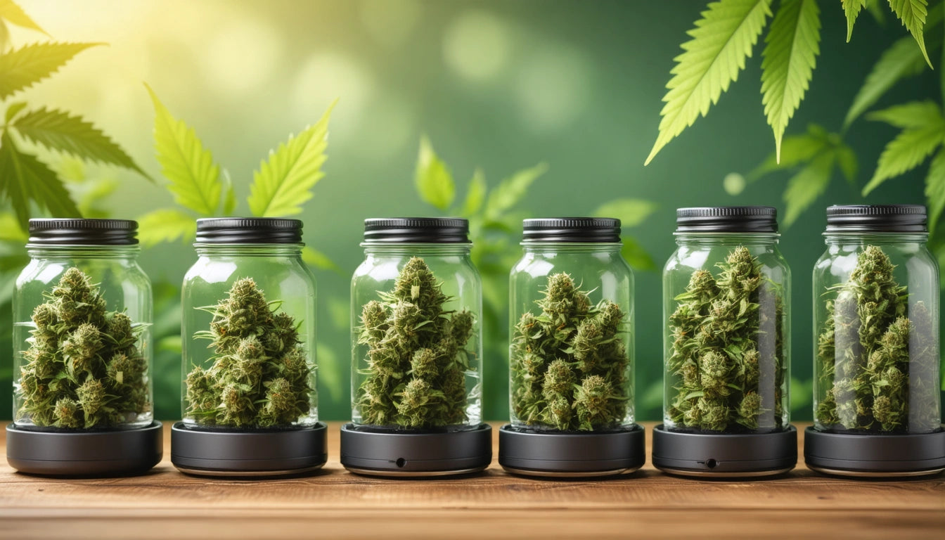 Six glass jars filled with green buds on a wooden surface, with green leaves in the blurred background