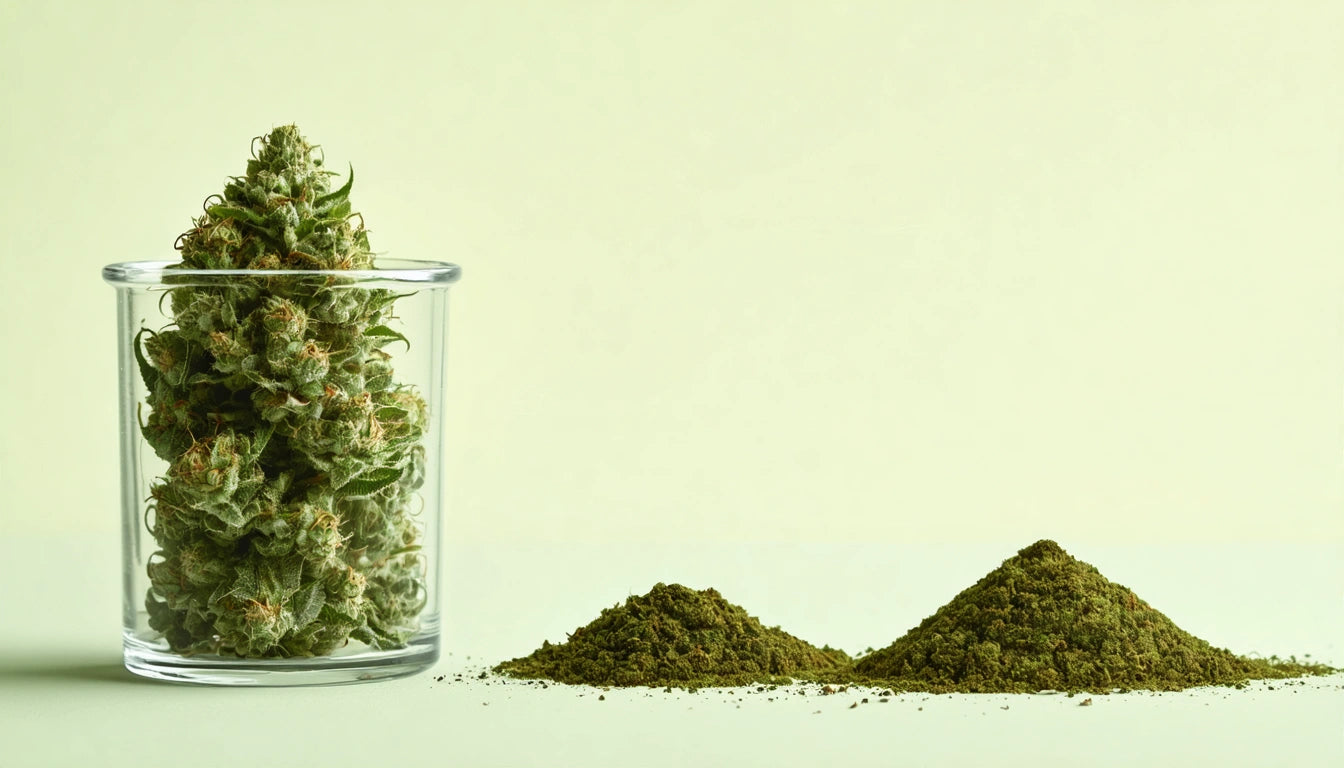 Glass jar with green buds next to two small piles of green powder on a light background