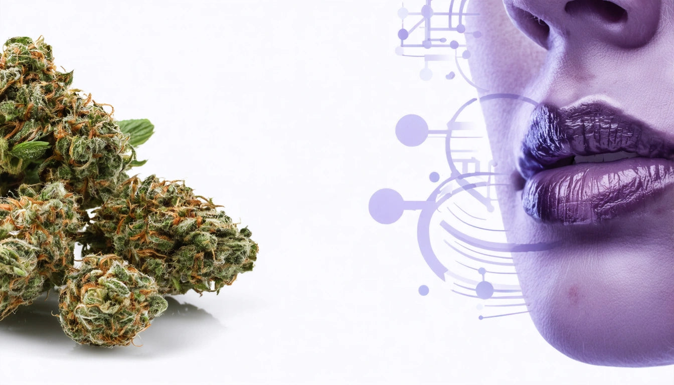 Green plant buds on left, purple-tinted lips on right with abstract circular patterns