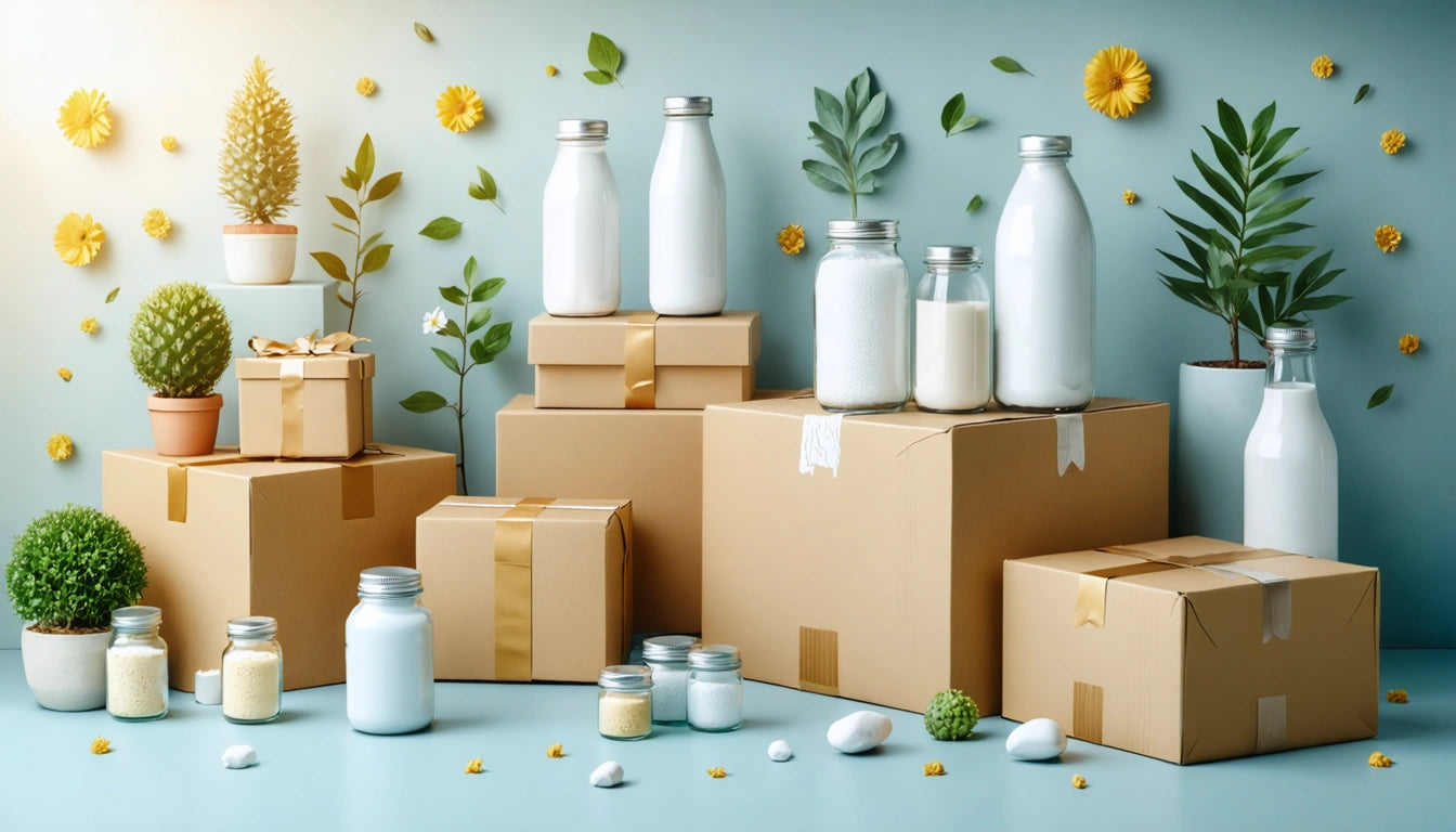 Cardboard boxes and glass bottles on a surface, surrounded by small plants and yellow flowers against a light blue background