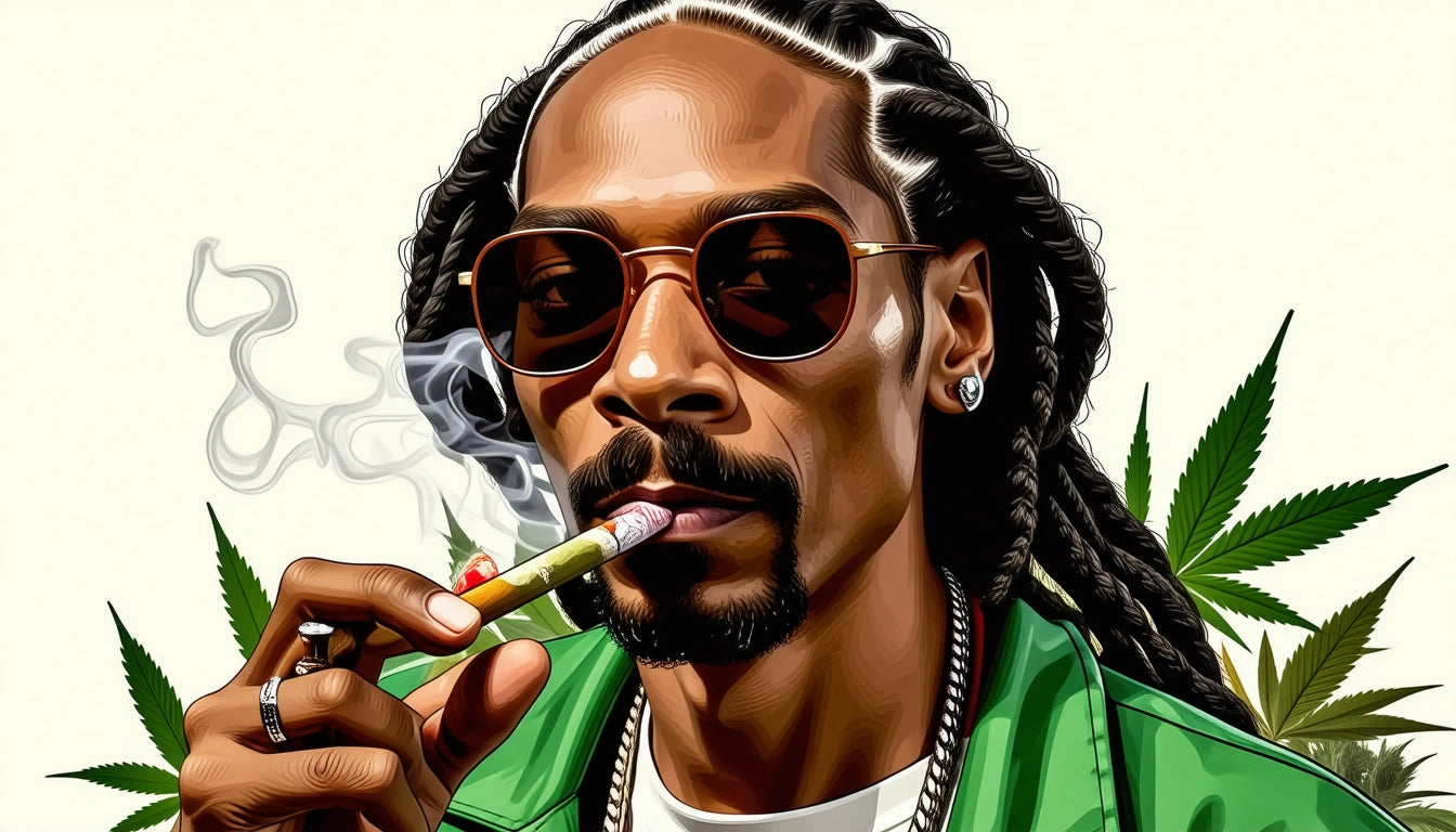 Man with braided hair wearing sunglasses, smoking a cigar with smoke rising, green jacket, and leaves in the background