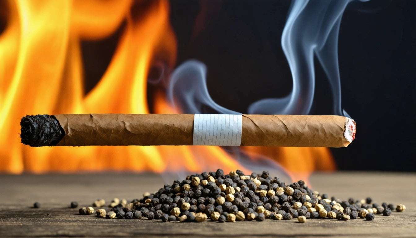 Lit cigar with smoke above a pile of black and yellow peppercorns, flames in the background