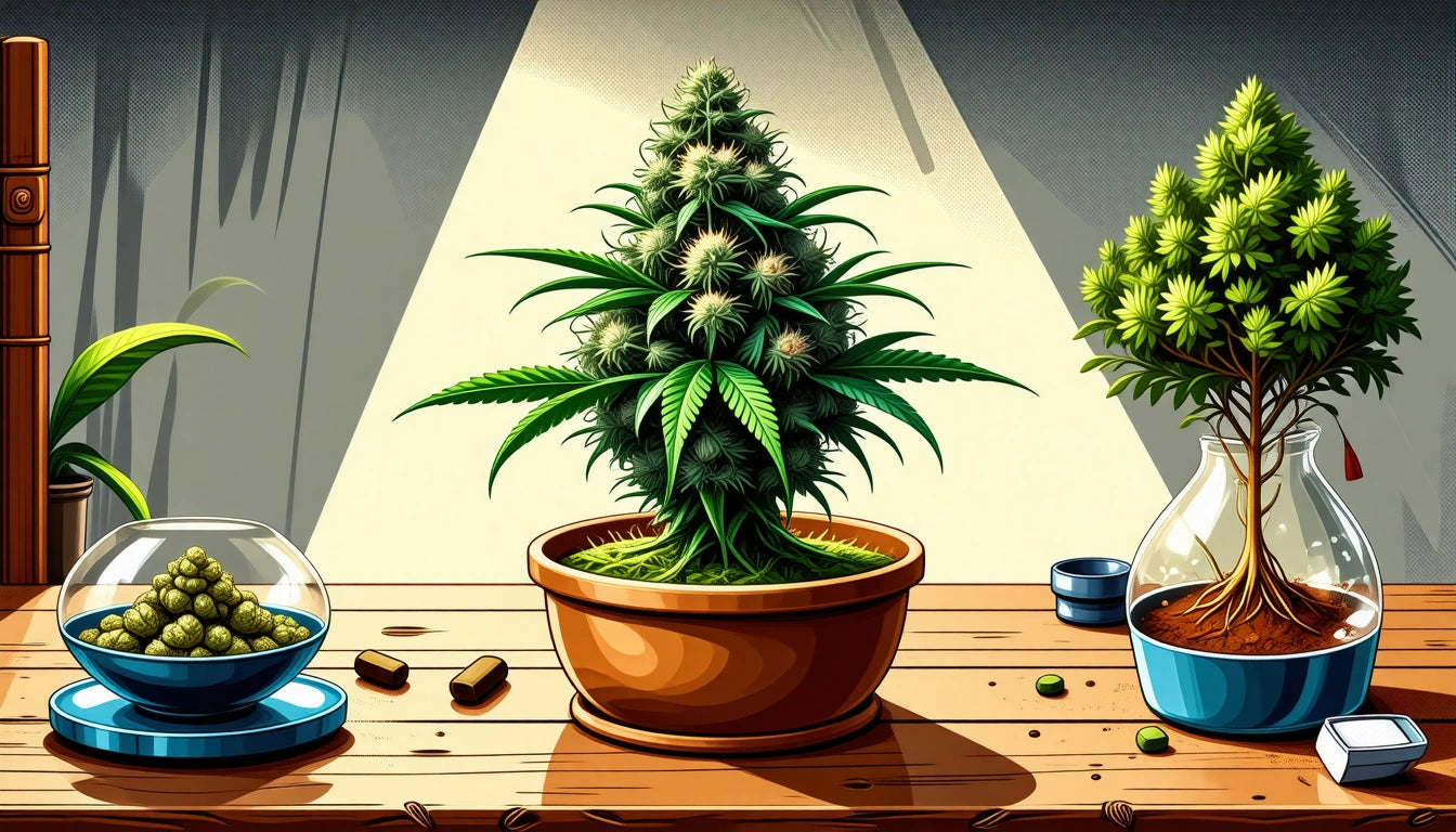 Potted plant with large leaves under spotlight, small tree in glass vase, bowl of green spheres, wooden table with scattered items