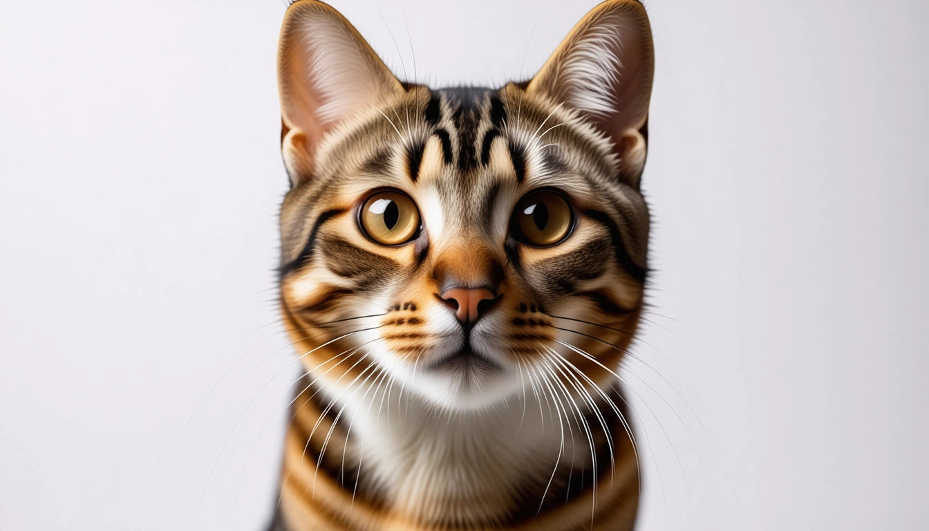 Brown and black striped cat with wide eyes and long whiskers against a plain white background