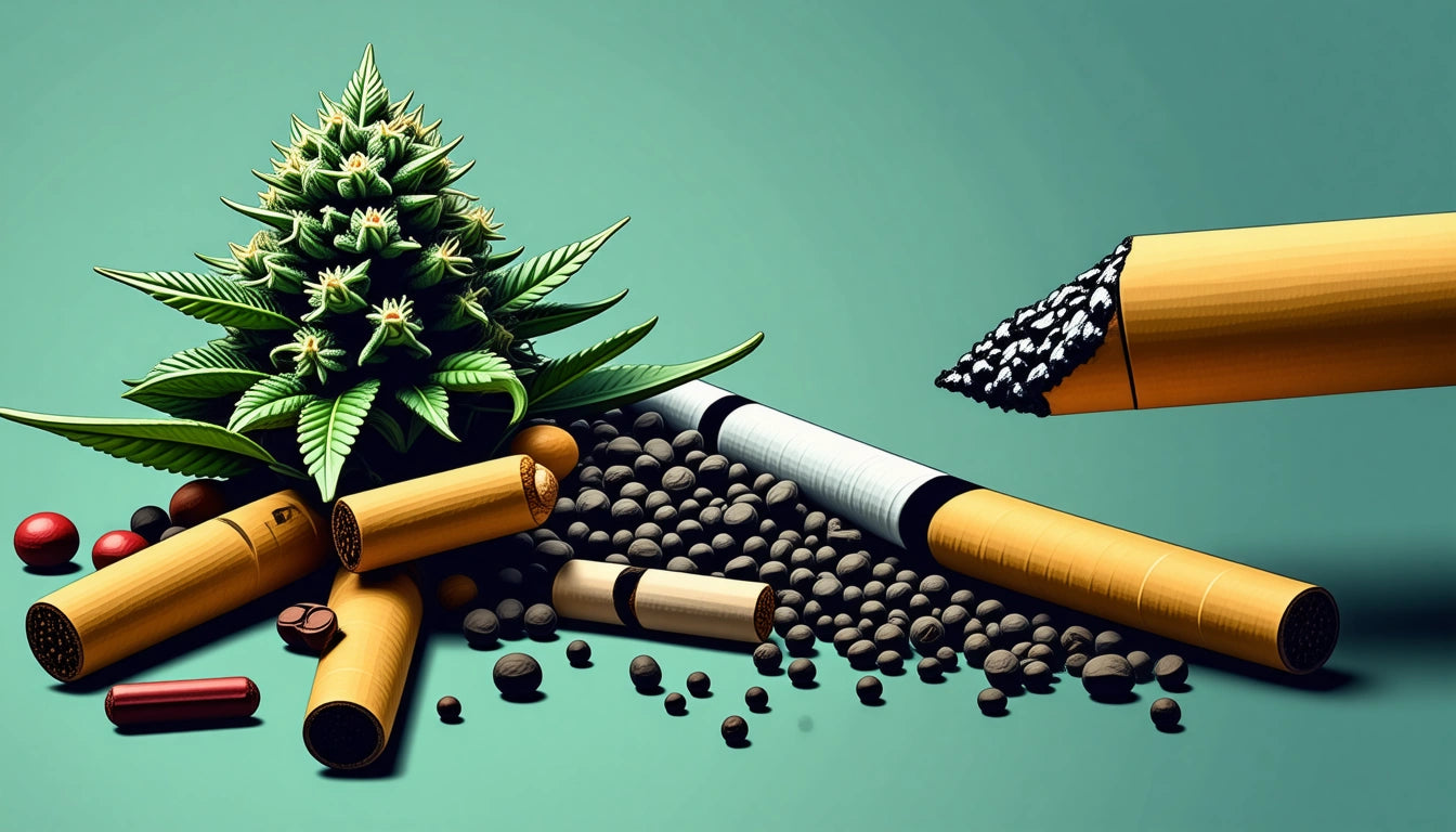 Cannabis plant next to broken cigarettes and scattered tobacco on a teal background