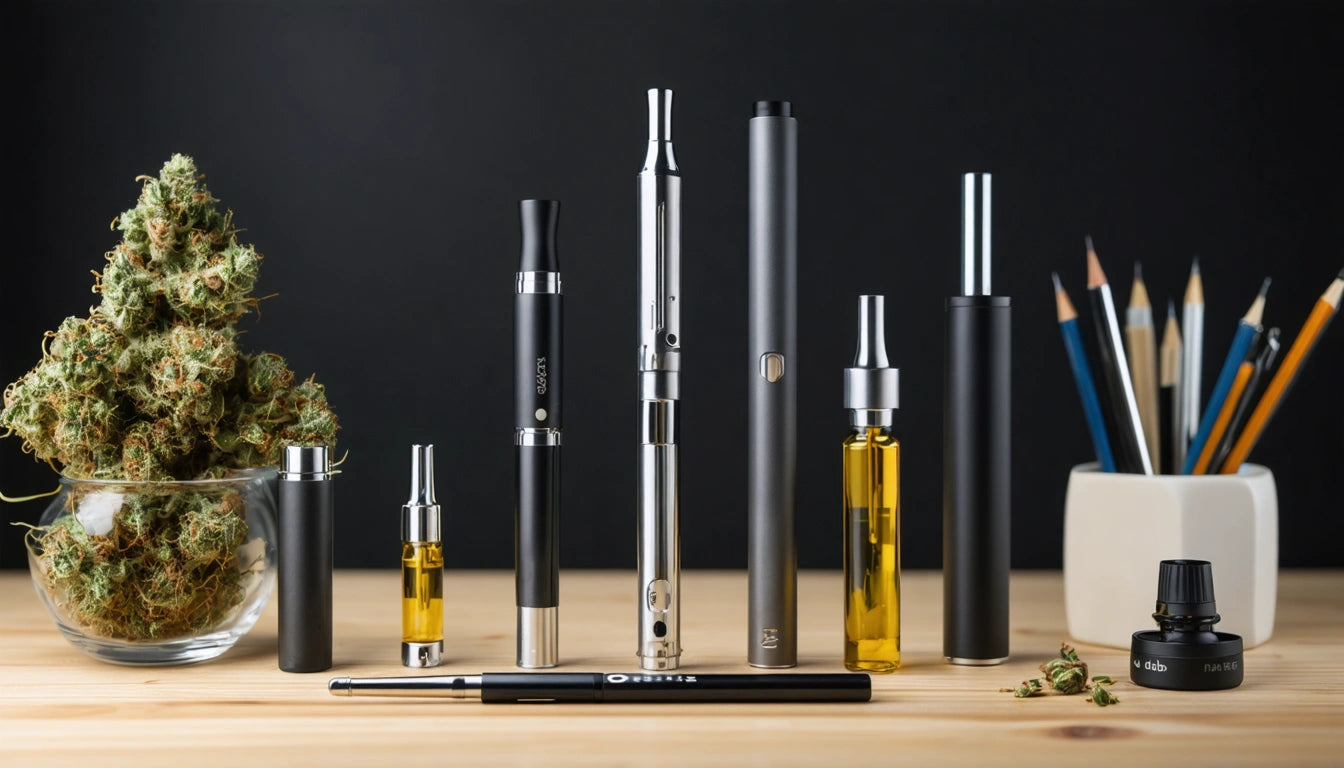 Vape pens, cartridges, and a glass jar with green plant buds on a wooden surface; pencils in a holder in the background