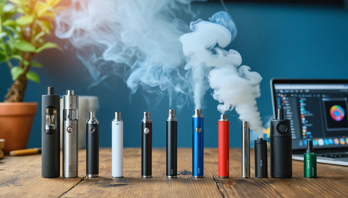 Various vape pens and devices on wooden table, smoke rising from one, laptop with colorful screen in background, potted plant nearby