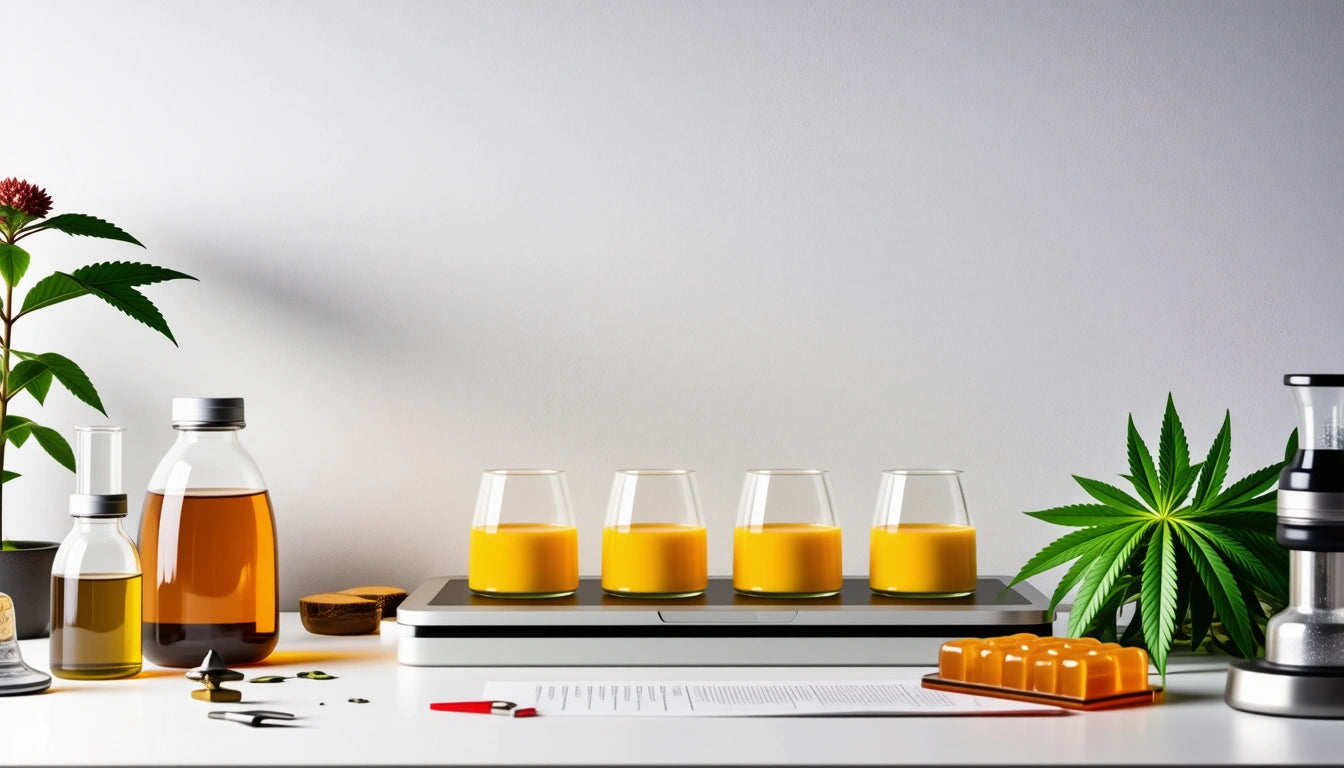 Four glasses of orange liquid on a tray, surrounded by bottles, a plant, chocolates, and a coffee maker on a white surface