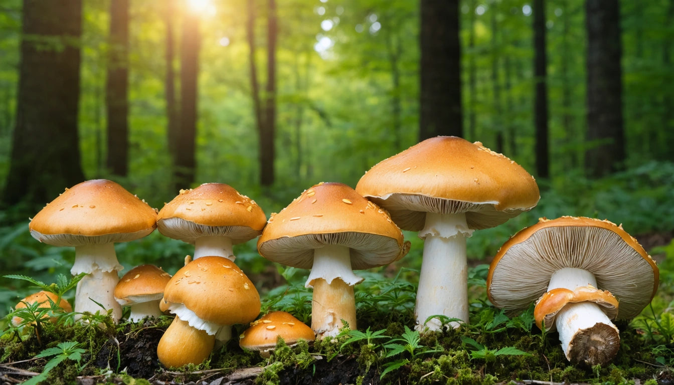 Cluster of orange-brown mushrooms with white stems on forest floor, sunlight filtering through green trees in background