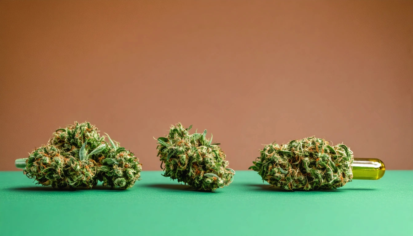 Three green, textured plant buds on a green surface against a brown background