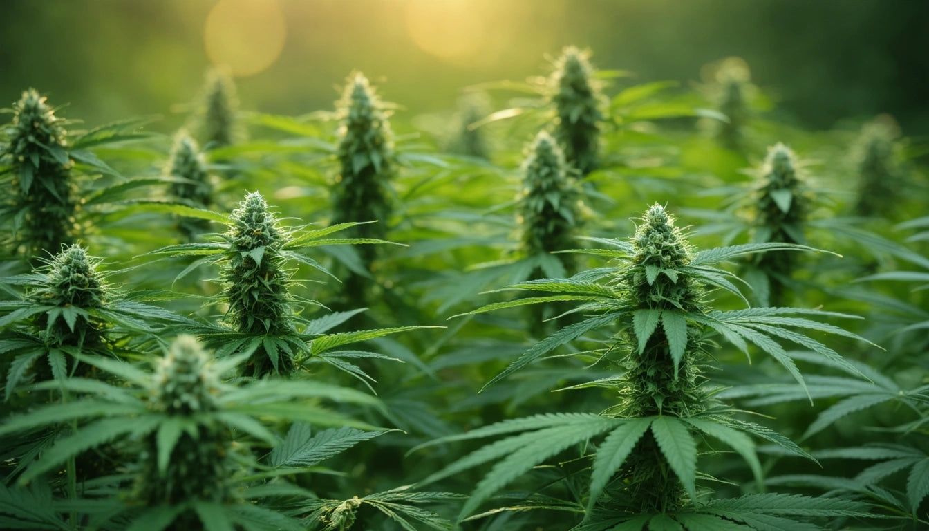 Green plants with pointed leaves and dense clusters, sunlit background with soft bokeh effect