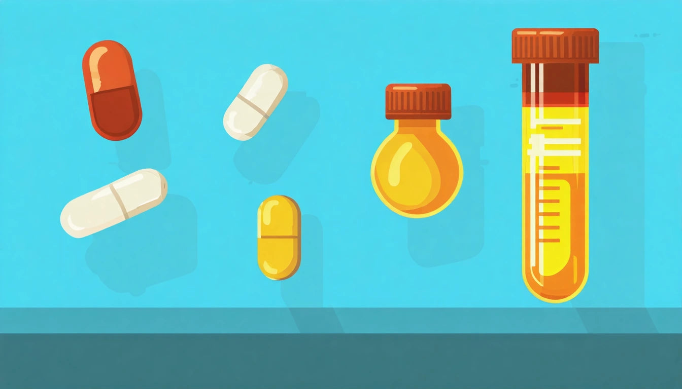 Various pills, a vial with orange liquid, and a test tube with yellow fluid on a blue background