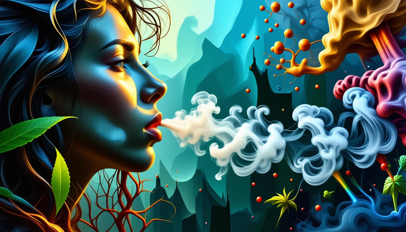 Woman with flowing hair exhales swirling white smoke, surrounded by colorful abstract shapes and leaves, set against a blue-green background