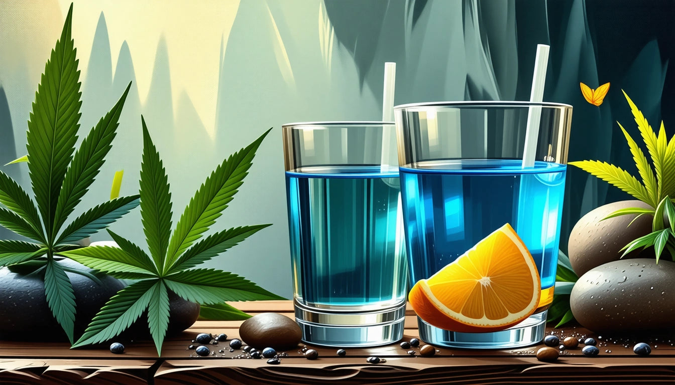 Two glasses of blue liquid with straws, orange slices, large green leaves, smooth stones, and a yellow butterfly on a wooden surface