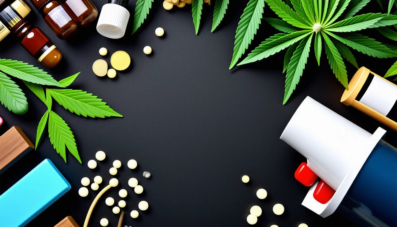 Assorted pills, inhaler, and cannabis leaves arranged around a black background