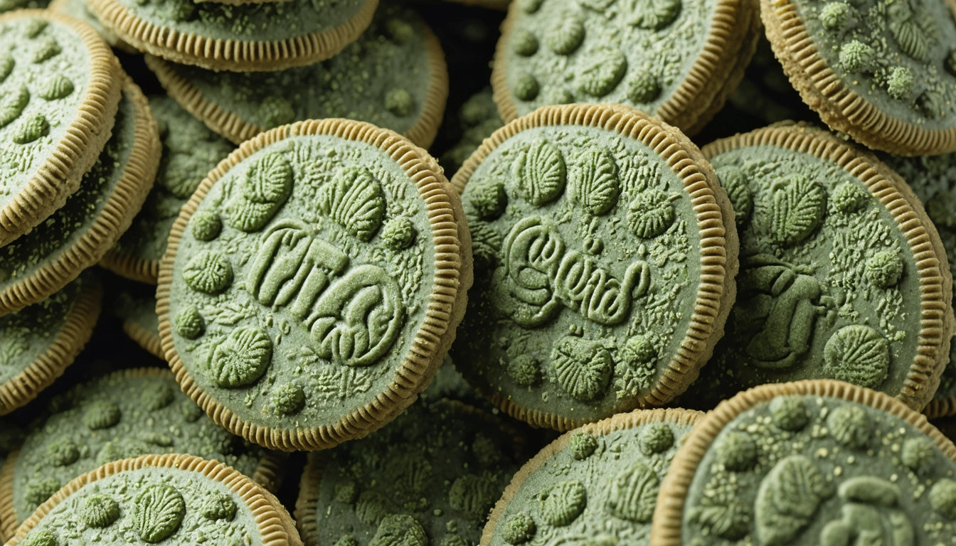 Green cream-filled sandwich cookies with textured designs on the surface, stacked closely together