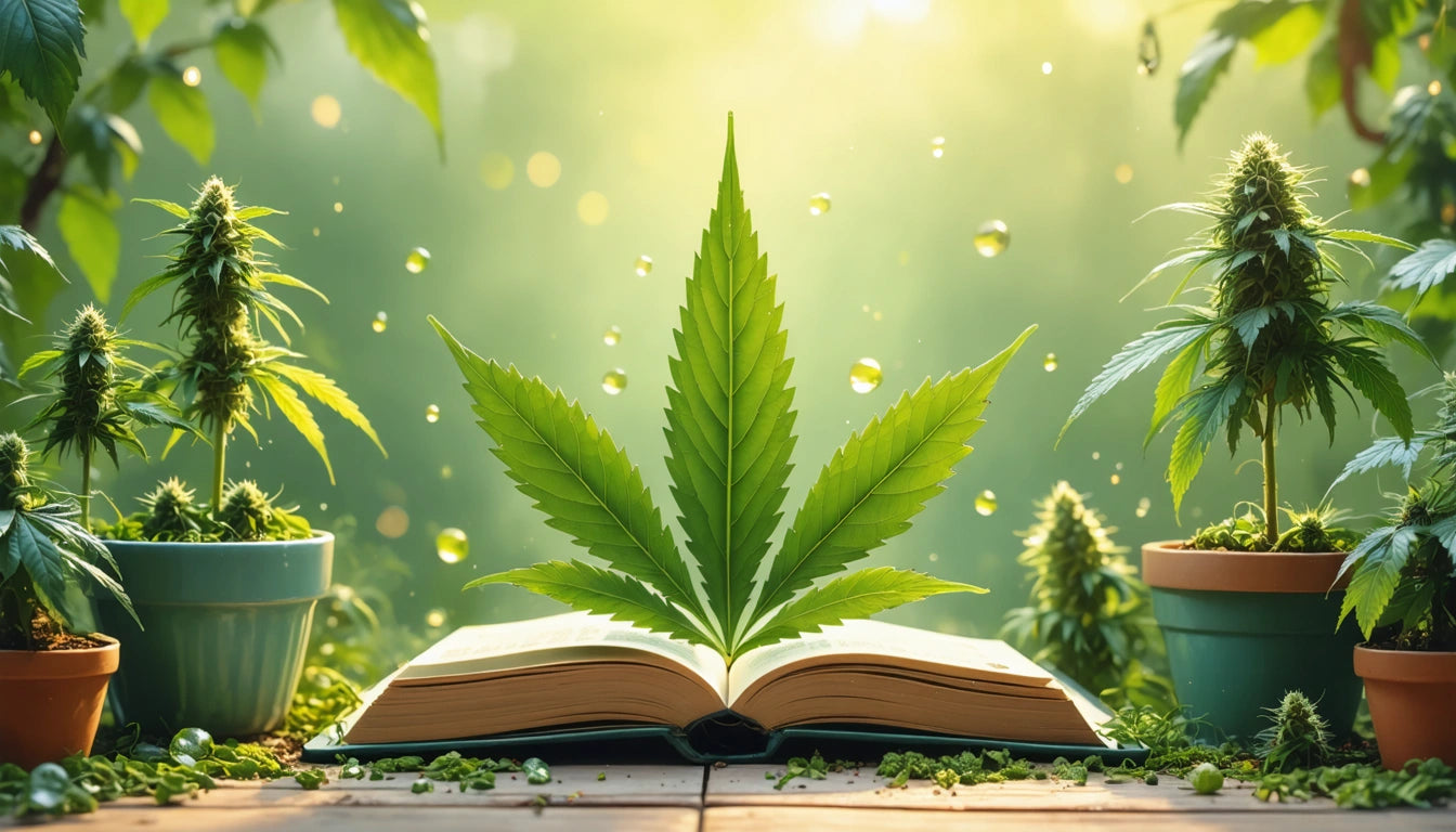Open book with large green leaf on top, surrounded by potted plants and sunlight filtering through leaves