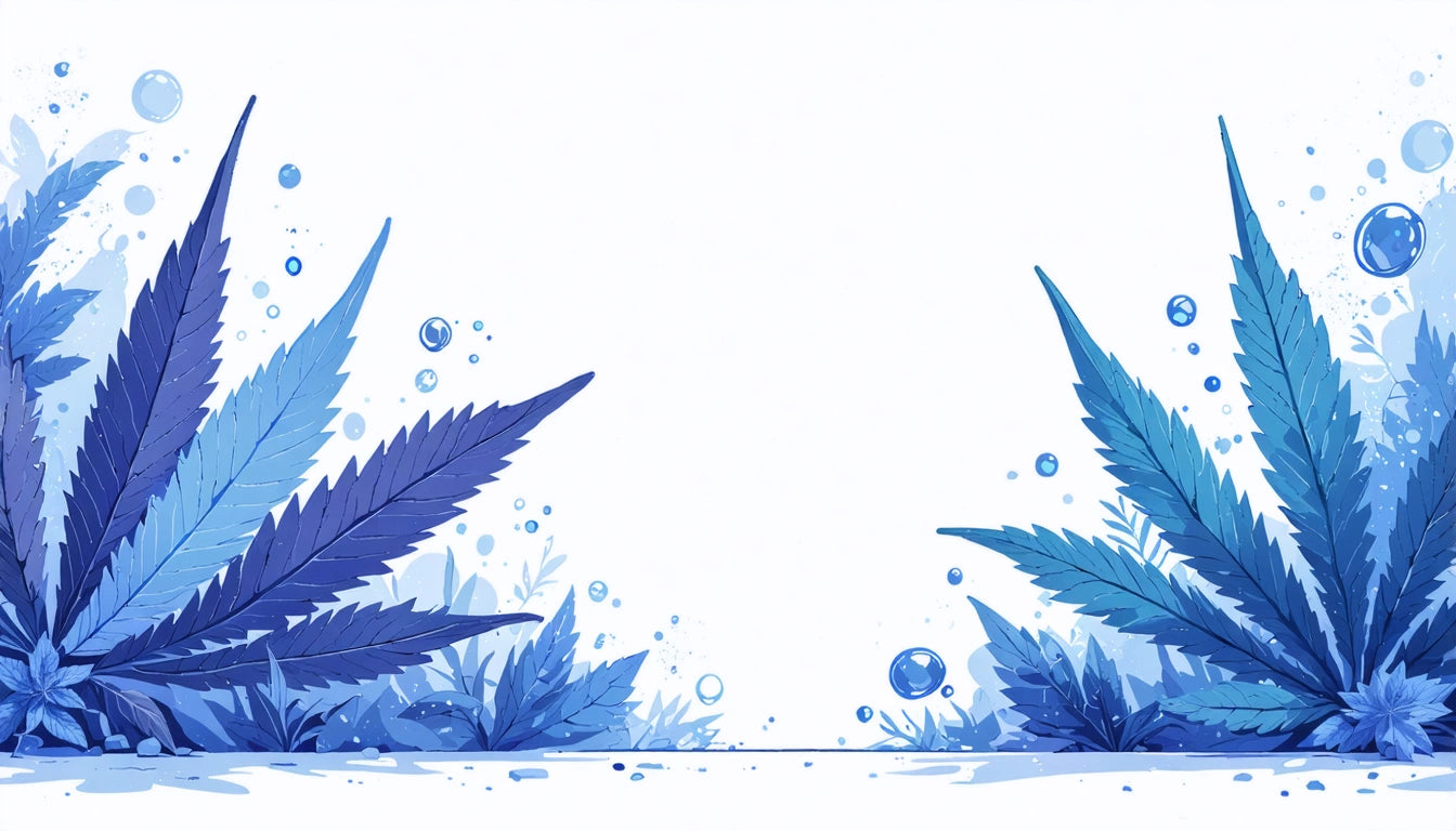 Blue and teal leaves with water droplets on both sides against a white background