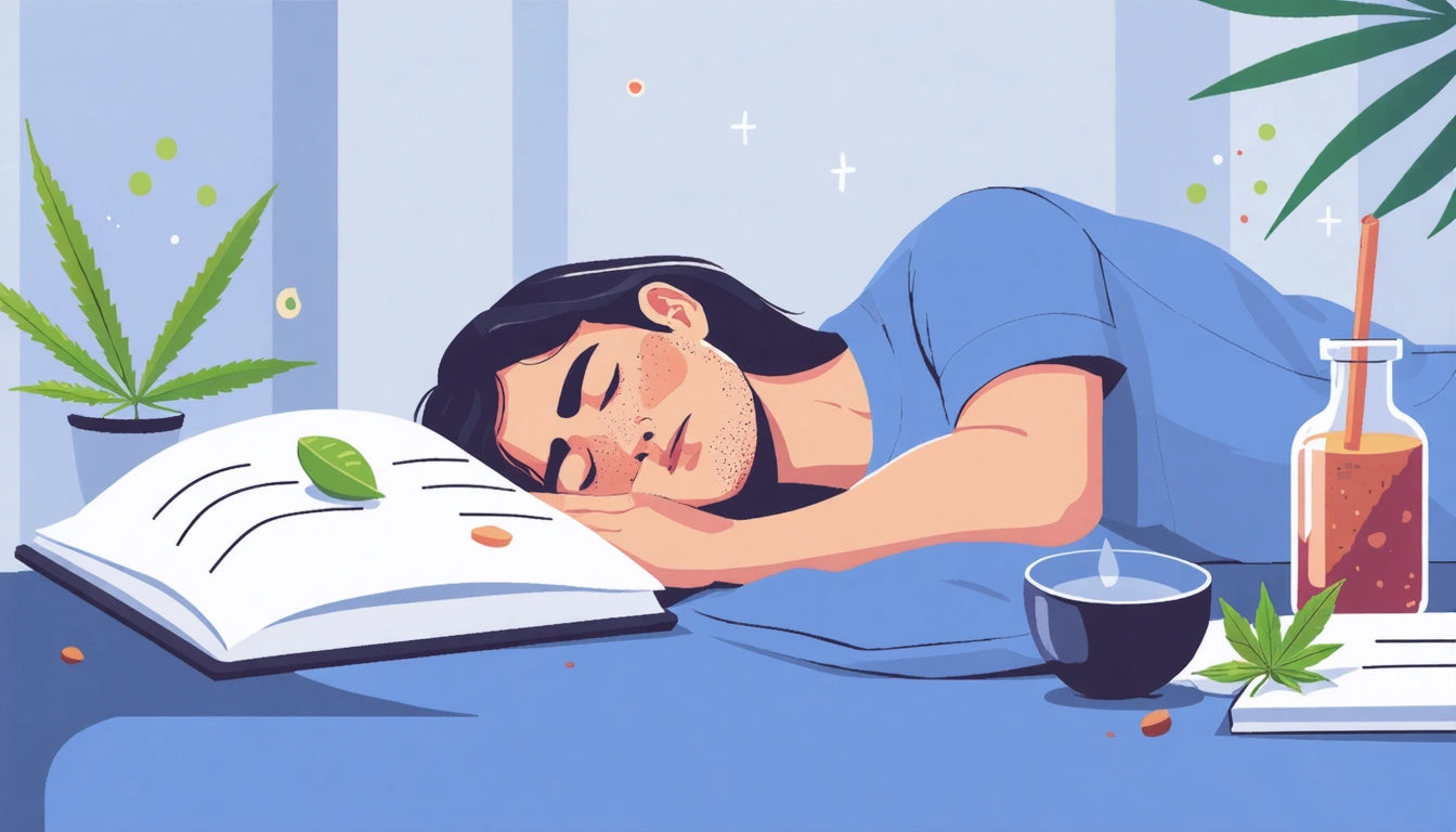 Person with long hair sleeping on open book, surrounded by plants, candle, and a bottle, on a blue surface