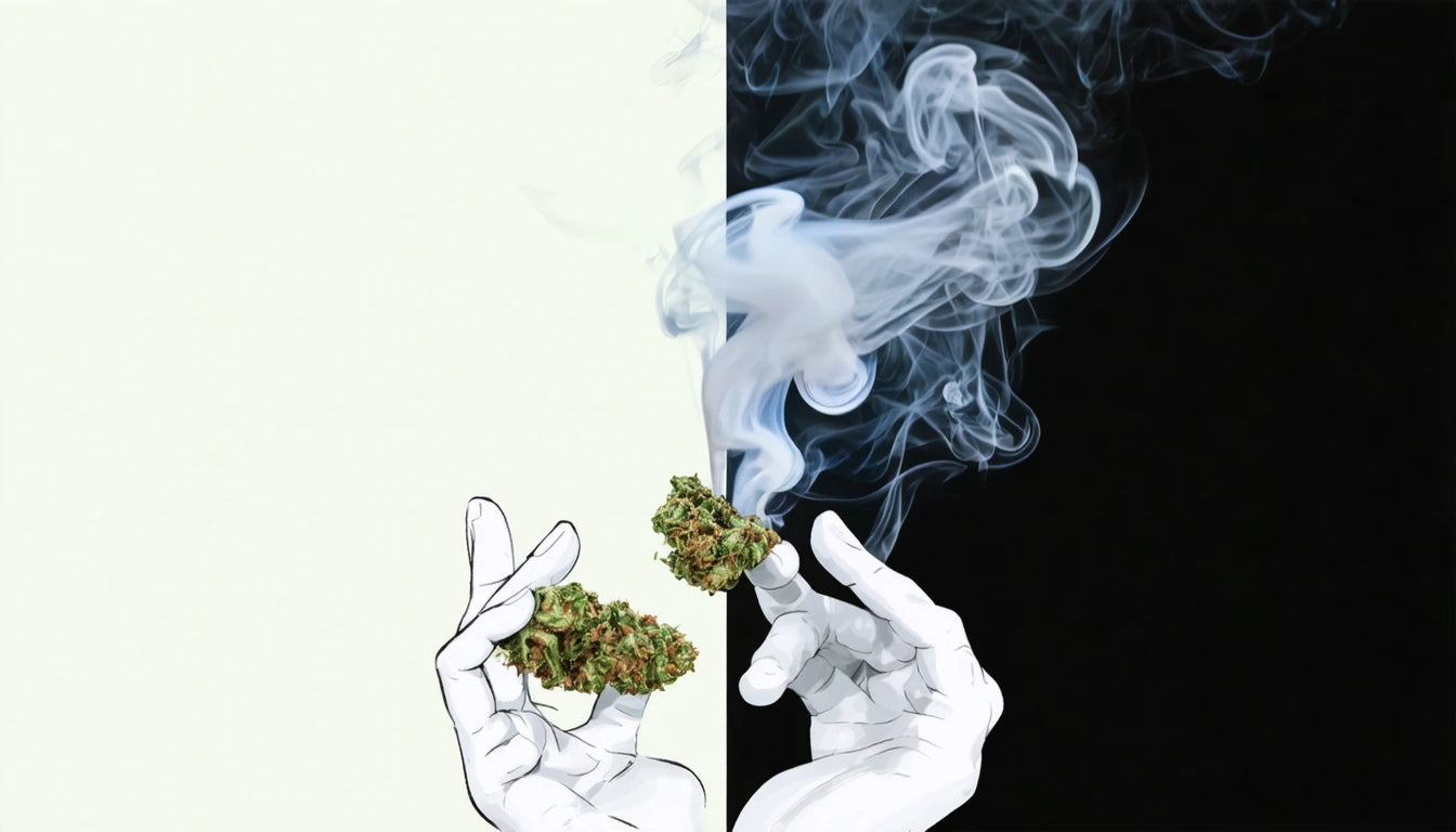 Two illustrated hands holding green plant buds with white smoke swirling against a split black and white background