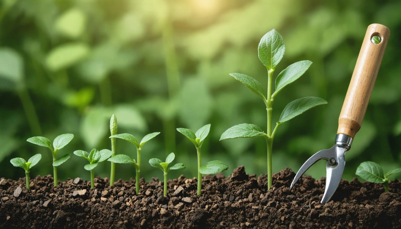 Six small green plants in a row growing from soil, with a hand trowel stuck in the dirt on the right