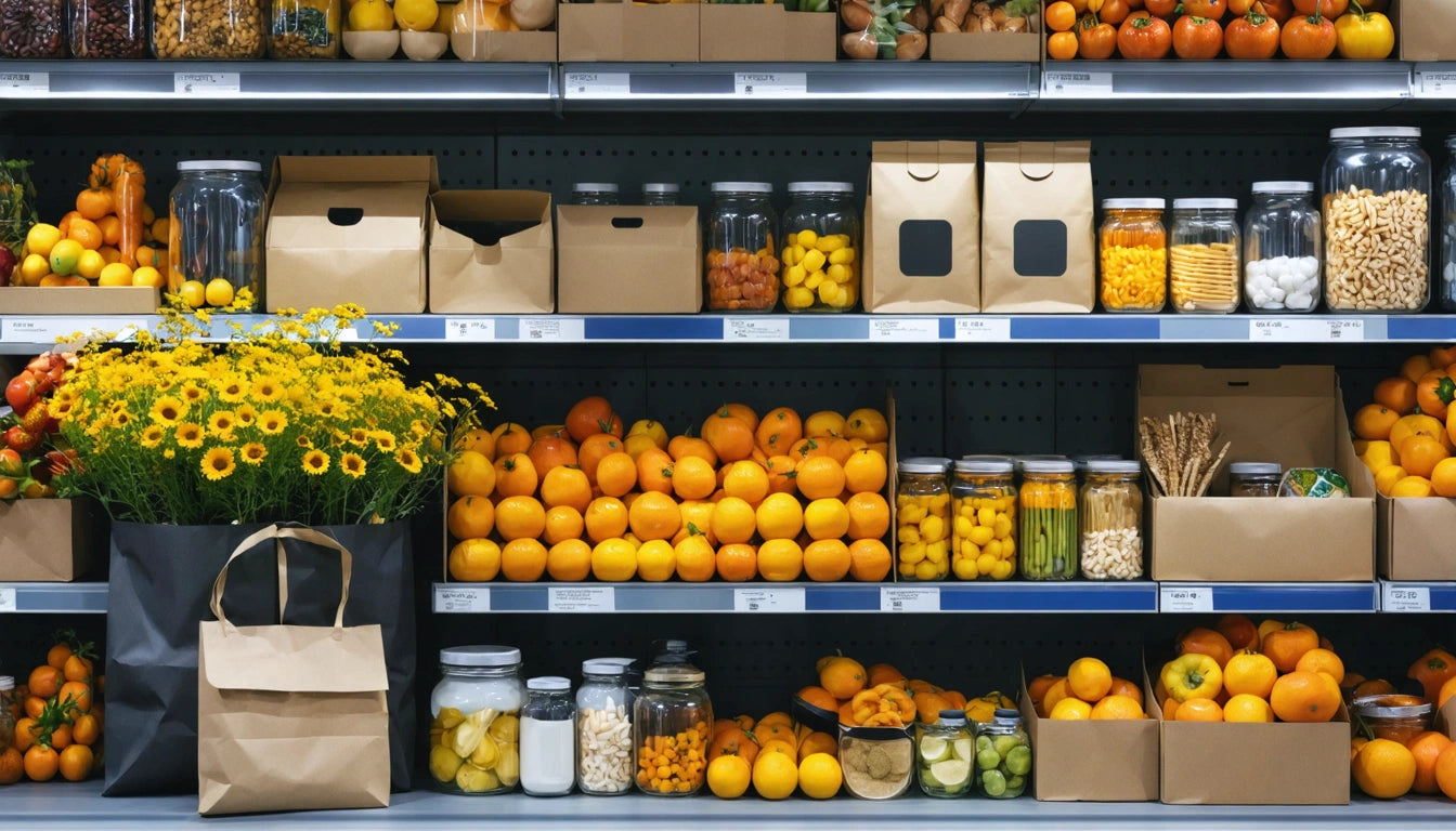 Shelves filled with oranges, jars of pickles, pasta, and paper bags. Yellow flowers in a black paper bag on the left