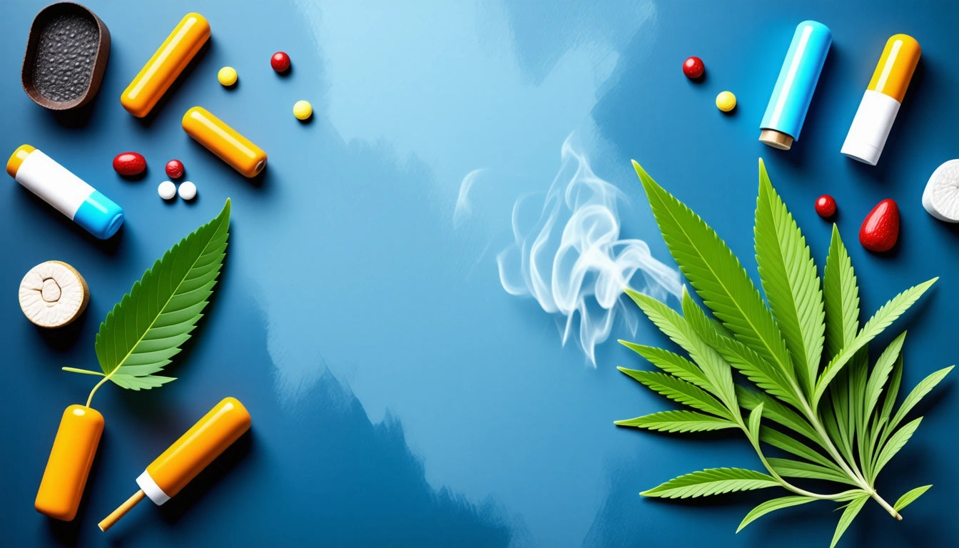 Assorted pills, capsules, and cannabis leaves on blue surface with smoke rising from the center