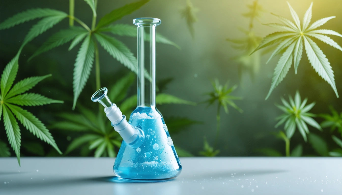 Glass beaker with blue liquid and bubbles, surrounded by green leaves on a light surface, soft light from the top right
