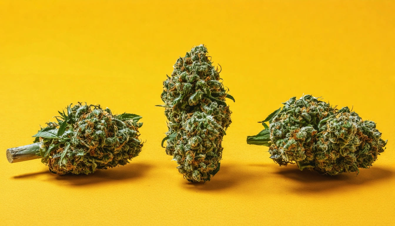 Three dense, green and orange plant buds on a bright yellow background