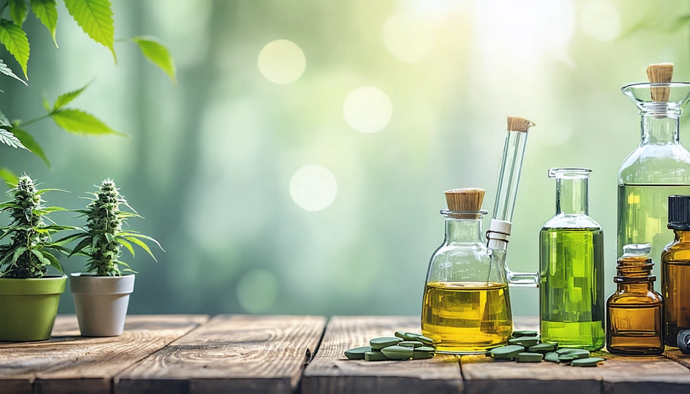 Glass bottles with yellow and green liquids, pills, and potted plants on wooden table, blurred green background