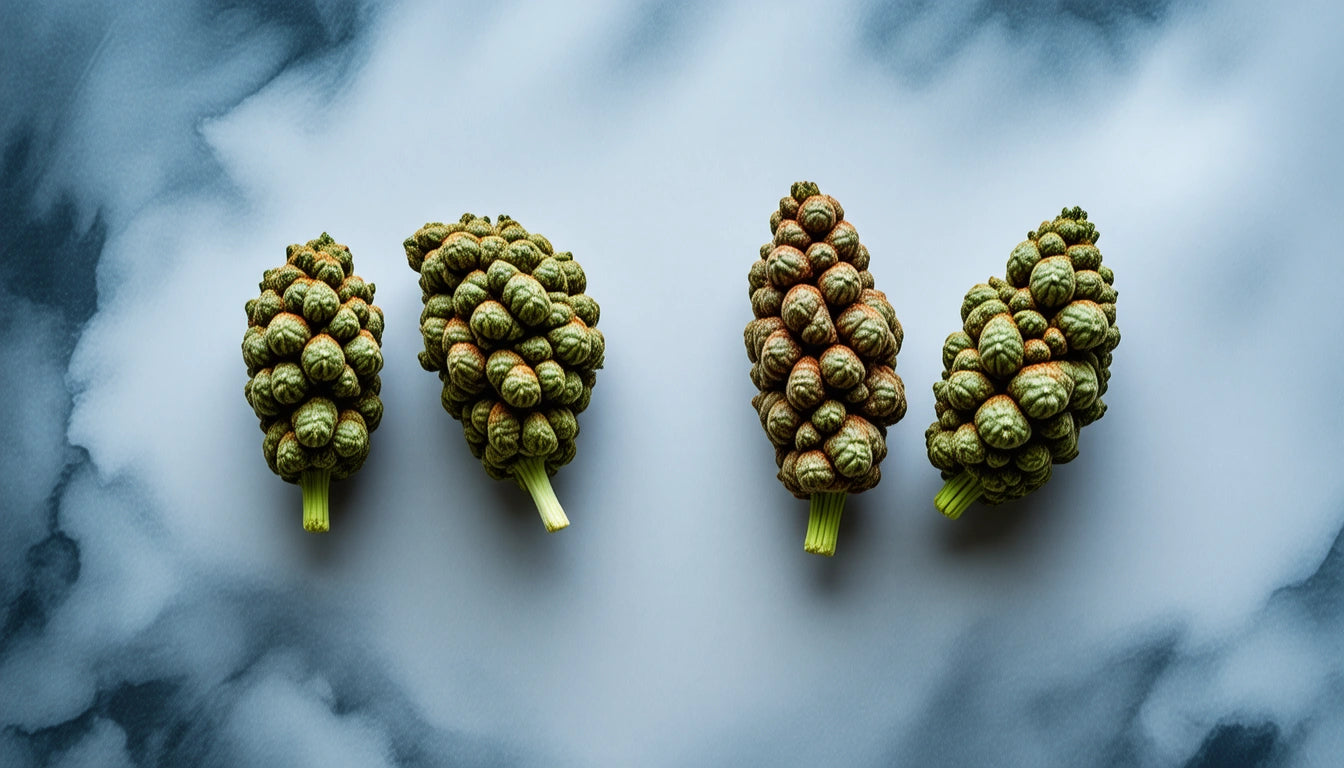 Four pine cones with green and brown scales on a gray and blue marbled background