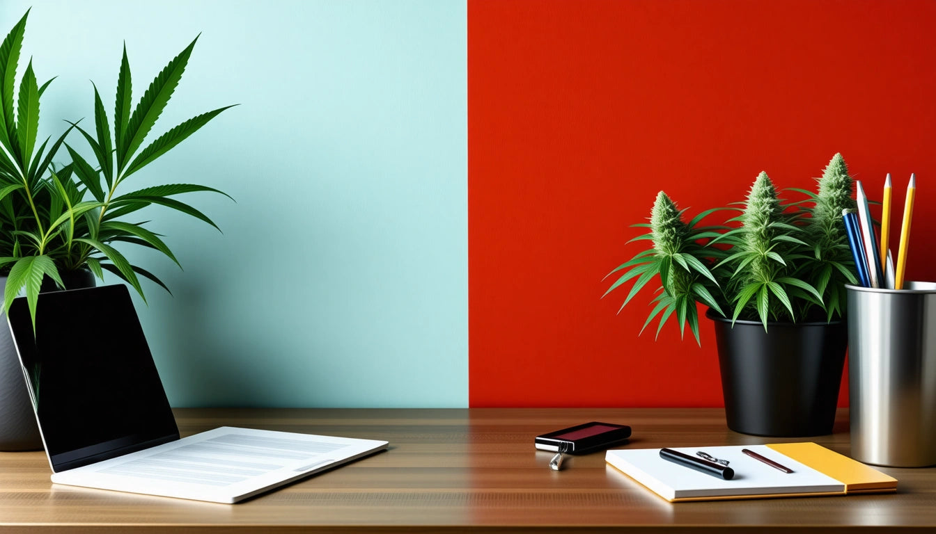 Laptop and notebook on wooden desk, flanked by potted plants. Background split into light blue and red halves
