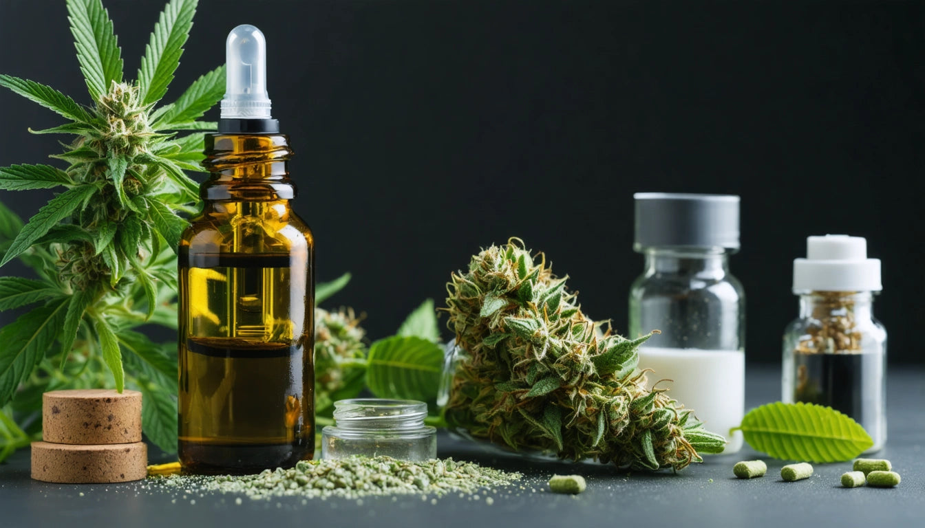 Amber dropper bottle, cannabis buds, green leaves, small jars, and capsules on dark surface