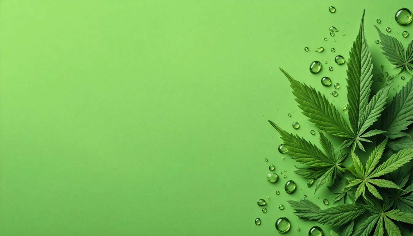 Green leaves with serrated edges and water droplets on a light green background, leaves clustered on the right side